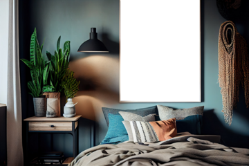 Wall art, poster, framed picture mockup in modern interior in modern bedroom
