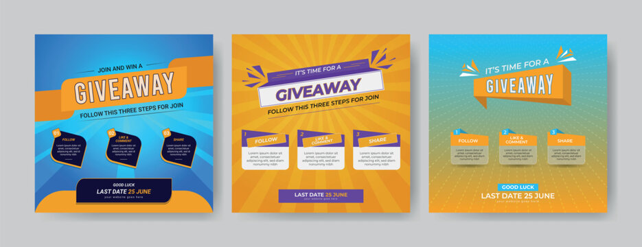 Set of social media post template for giveaway contest, giveaway steps social media post banner, eps 10.