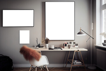 Wall art, poster, framed picture mockup in modern interior, home office workplace