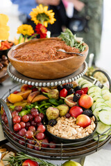 Fancy Fruit & Vegetable Crudite Display with Dipping Oil, Appetizer Display, Hors d'oeuvres Display, Healthy Food, Carrots, Figs