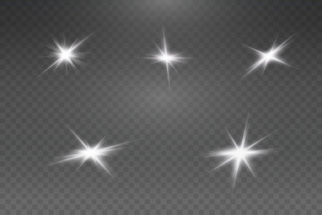 Set of realistic vector gold and white stars png. Set of vector suns png. Golden flares with highlights.