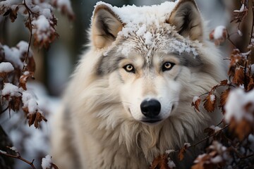 Obraz premium A photo of wolf standing on ice and snowing white wolf looking at camera Generative AI