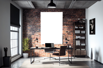 Wall art, poster, framed picture mockup in modern interior in loft style. Office desk and chair