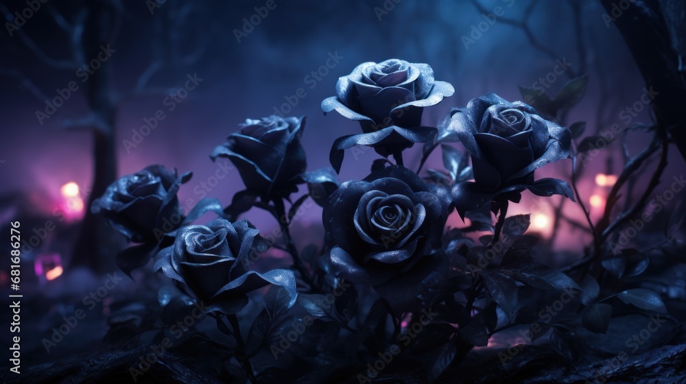 Poster a group of roses sitting in the middle of a forest with lights in the background and fog in the air.