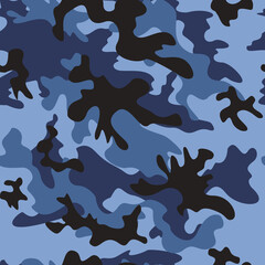 Blue camouflage background vector seamless pattern, army pattern. Disguise.