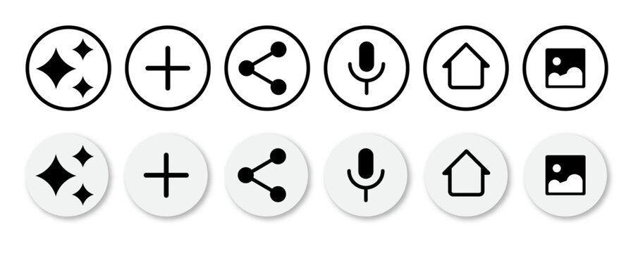 Random icon set with recommendation, share, voice search, home and gallery symbol for browser and web in circle with shadow. Vector Designs.