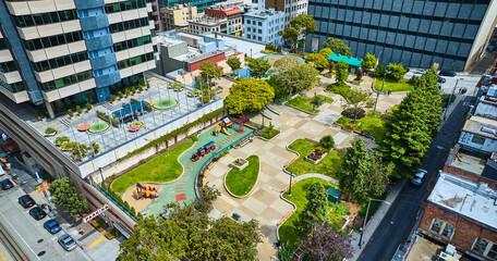 St Marys Square playground aerial rooftop park for children to play summer day, San Francisco, CA