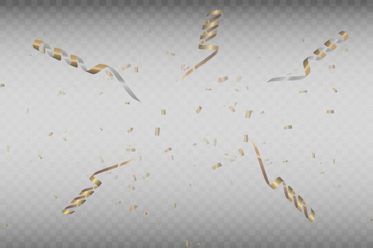 Confetti vector png. Golden confetti falls from the sky. Holiday, birthday. Sparkling confetti on a transparent background. Festive design element.
