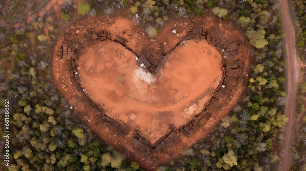 Poster an aerial view of a heart - shaped brick wall in the middle of a forest with trees in the background
