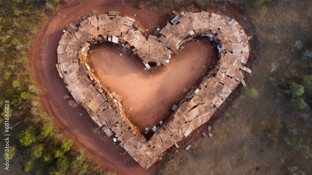Aufkleber  an aerial view of a heart - shaped stone structure in the middle of a field with a dirt path leading to it.