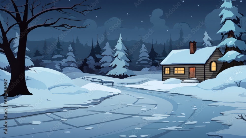 Poster a winter scene with a cabin in the middle of a snow covered forest and a stream running through the 