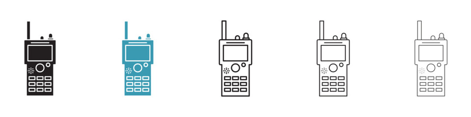 Walkie Talkie vector icon set. Military electronic communication device vector symbol. Radio transceiver vector pictogram for UI designs in black and white color.