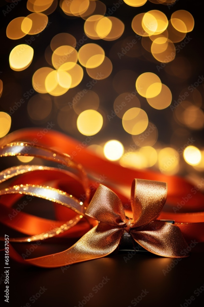 Poster a close up of a ribbon on a table with a blurry background of lights in the backround.