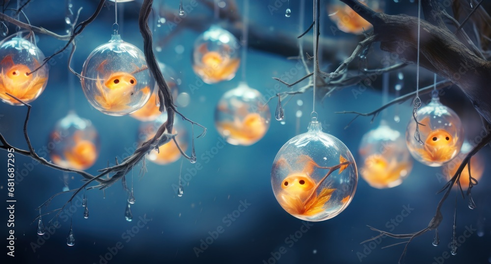 Poster a group of glass balls hanging from a tree branch with yellow birds inside of them hanging from the 