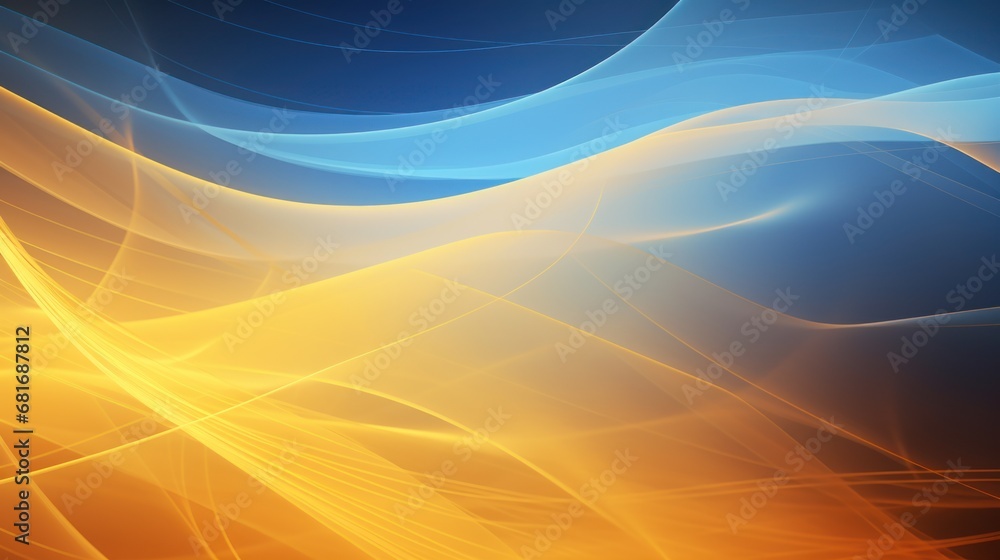 Poster a computer generated image of a blue and yellow wave with orange and yellow lines on the bottom of t