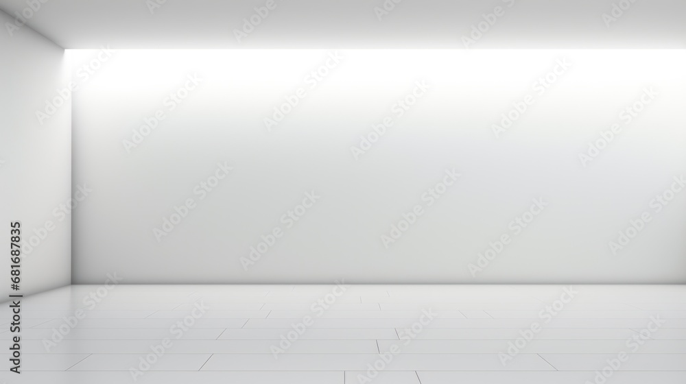 Poster an empty room with a white floor and a light coming in from the far end of the room to the far end o