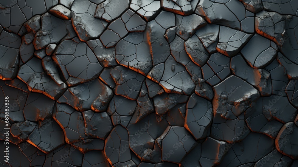 Poster a close up of a cracked surface with a lot of cracks in the middle of the image and a red light in t