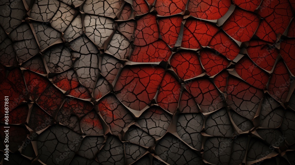 Poster a close up of a red and black background with a pattern of cracks and cracks in the middle of it.