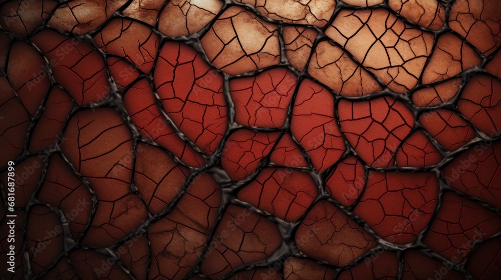 Poster a close up of a red and black surface with a crack in the middle of the surface and a red spot in th