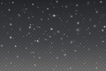 Christmas background with small falling snowflakes. Snow storm effect, blurred, cold wind with snow png. Holiday powder snow for cards, invitations, banners, advertising.