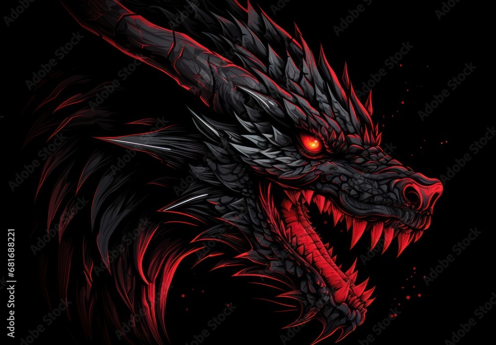 Poster a close up of a dragon's head on a black background with red eyes and sharp sharp sharp teeth.