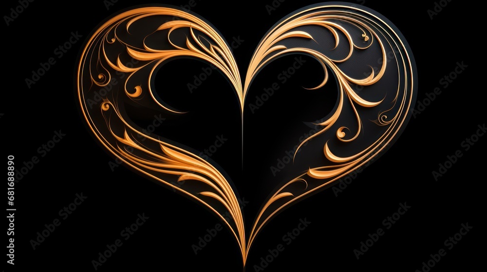 Poster a golden heart on a black background with swirls and curves in the shape of a heart on a black backg