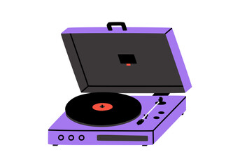 Hand drawn cute cartoon illustration of retro vinyl record player. Flat vector old audio equipment with plate sticker in colored doodle style. Vintage device for listening music icon. Isolated.