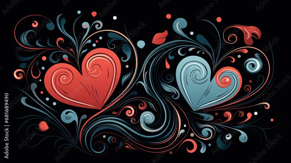 Poster two hearts on a black background with swirls and bubbles in the form of swirls and hearts on a black
