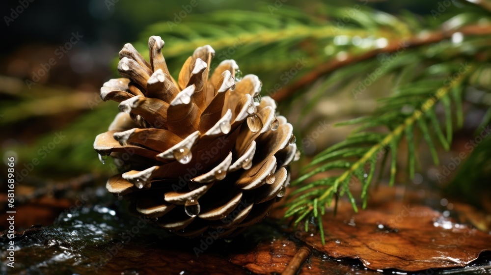 Poster a close up of a pine cone on a branch of a tree with water running down the side of it.