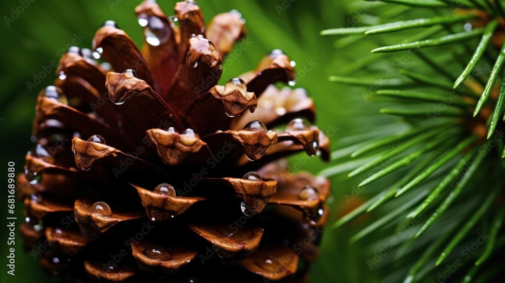 Poster a close up of a pine cone on a pine tree with drops of water on the inside of the cone.