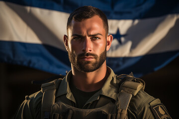 Courageous Israeli soldier against the background of the flag, portrait. A beautiful, bold face looking into the camera. Blurred outdoor background. Close-up. Generative AI.