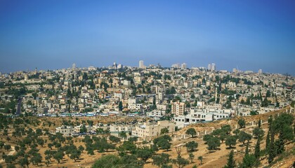Aerial view of urban skyline in a residential district in Jerusalem.