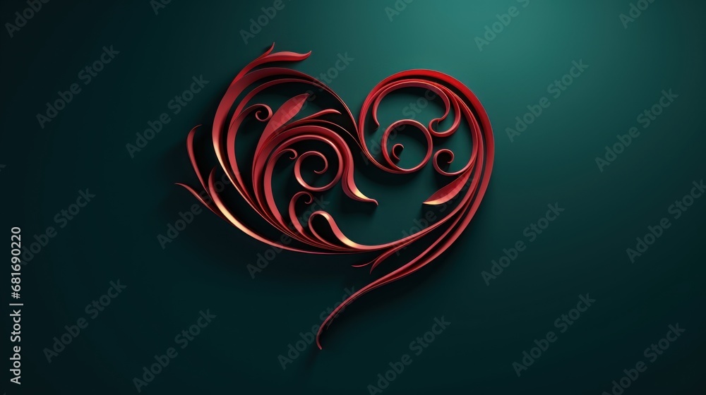Poster a heart made out of red paper on a green background with a swirly design on the side of it.