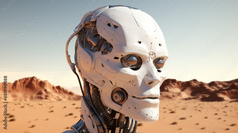 Poster a robot is standing in the middle of a desert with a desert landscape in the background and a mounta