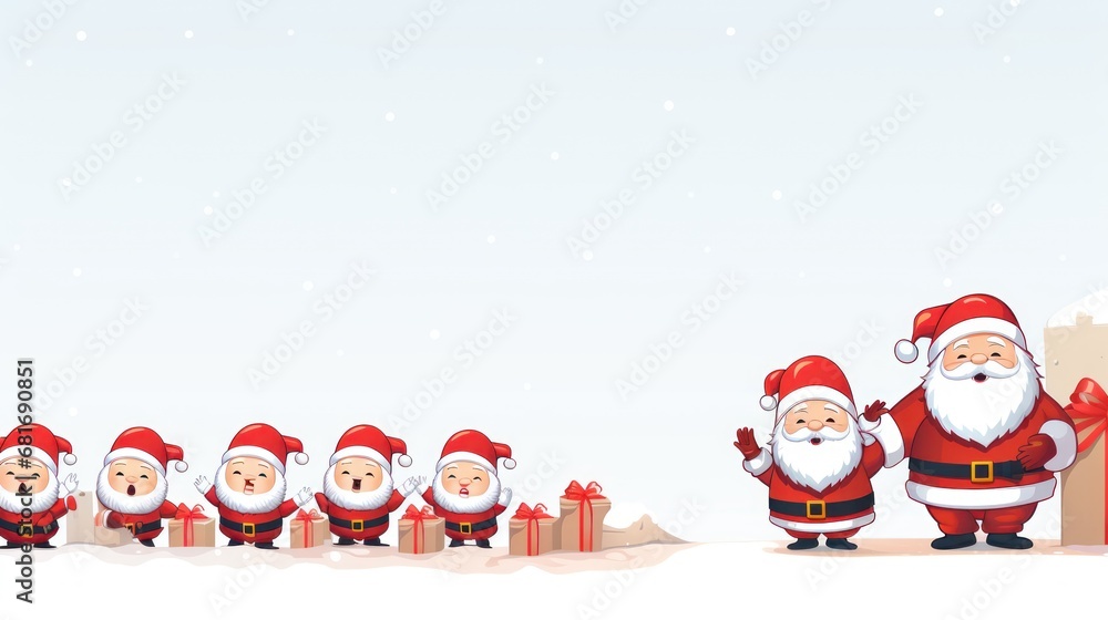 Poster a group of santa clause standing next to each other in front of a group of other santa clause standi