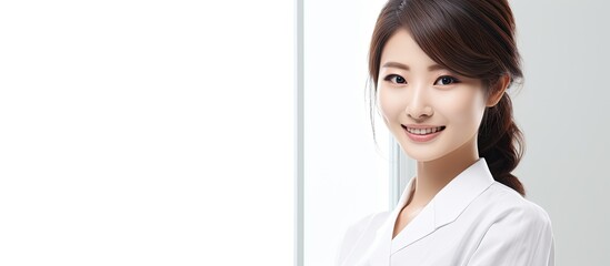 In a white background, an isolated Japanese woman with a cute smile captivates people with her happy face, embodying the beauty of health and medical expertise as a nurse model in a Japanese hospital.