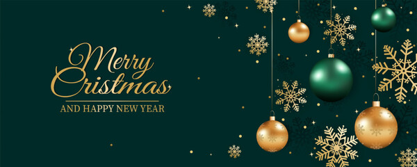 Beautiful green Christmas background. Amazing golden snowflakes with different ornaments, shiny golden and green balls, congratulatory holiday text. New Year's design.