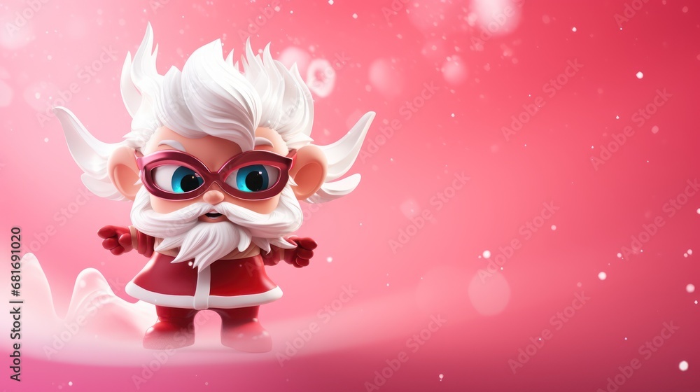 Poster a cartoon character with glasses and a beard standing in front of a pink background with snow flakes