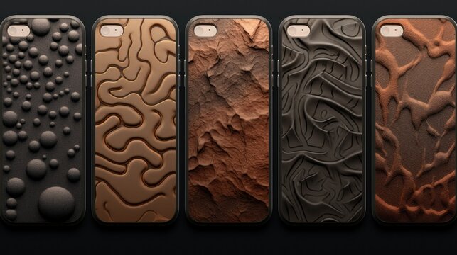 a set of five iphone cases with different designs on the front and back of the phones, all of which are made out of different materials.
