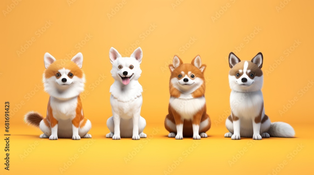 Poster a group of three dogs sitting next to each other on a yellow background in front of a group of three