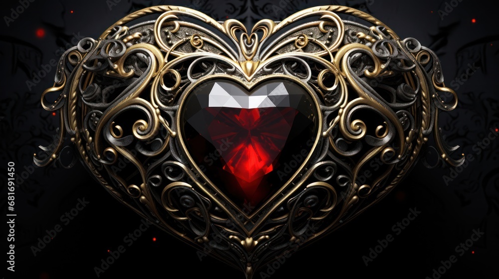 Poster a heart - shaped object with a red diamond in the middle of the heart is surrounded by filigree fili
