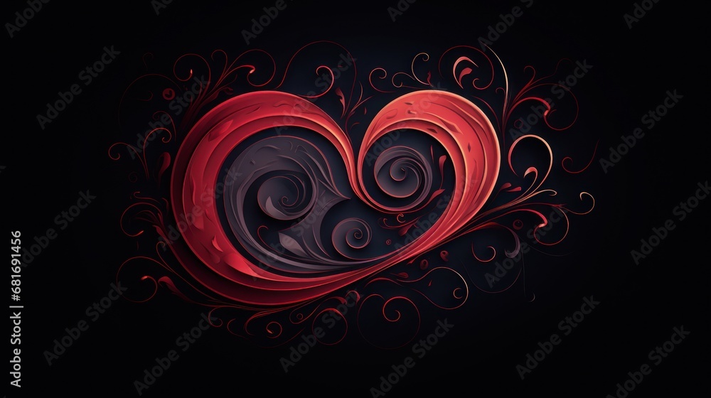 Poster a red heart on a black background with swirls and swirls in the shape of a heart on a black backgrou