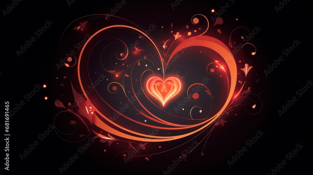 Poster a red heart on a black background with swirls and bubbles in the shape of a heart on a black backgro