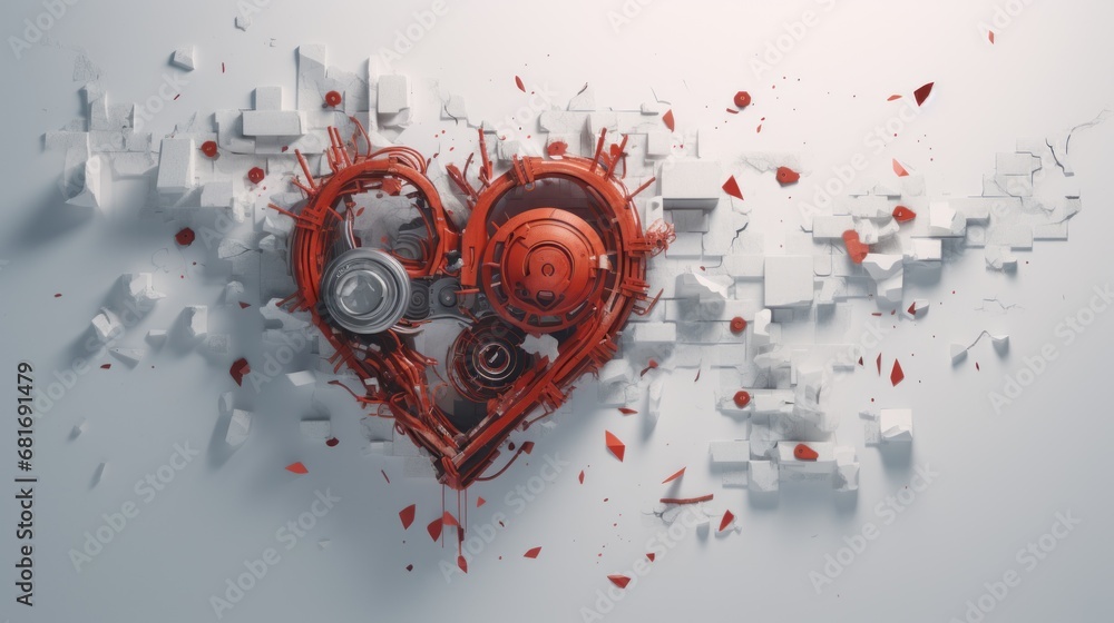 Poster a heart - shaped object is surrounded by cubes and pieces of red and white paper on a gray backgroun
