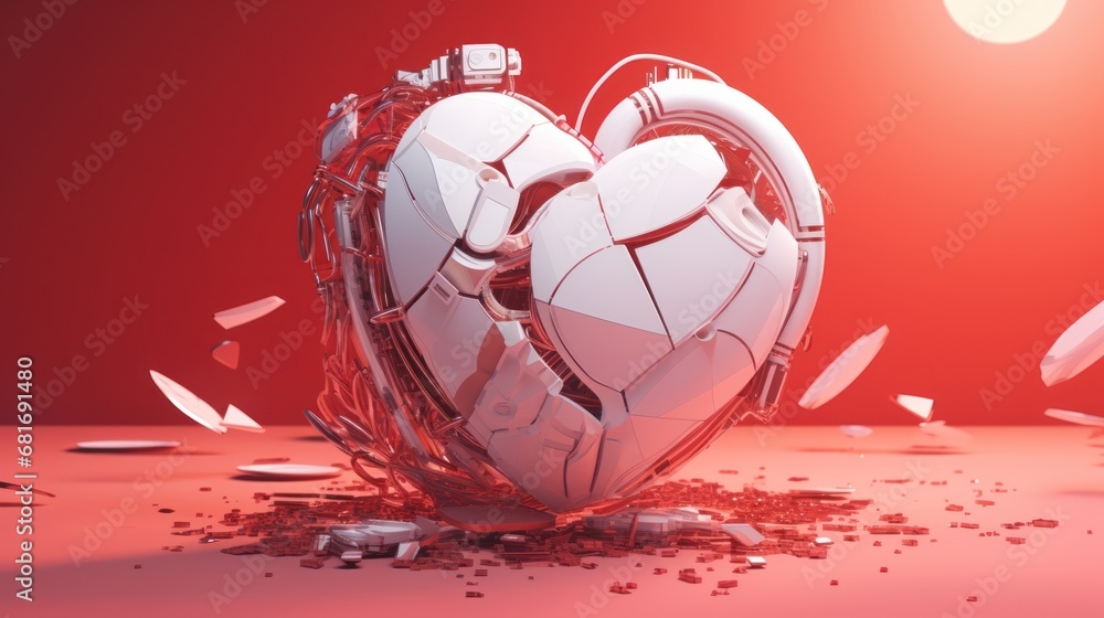 Poster a broken heart shaped object in the middle of a red background with confetti on the floor and scatte