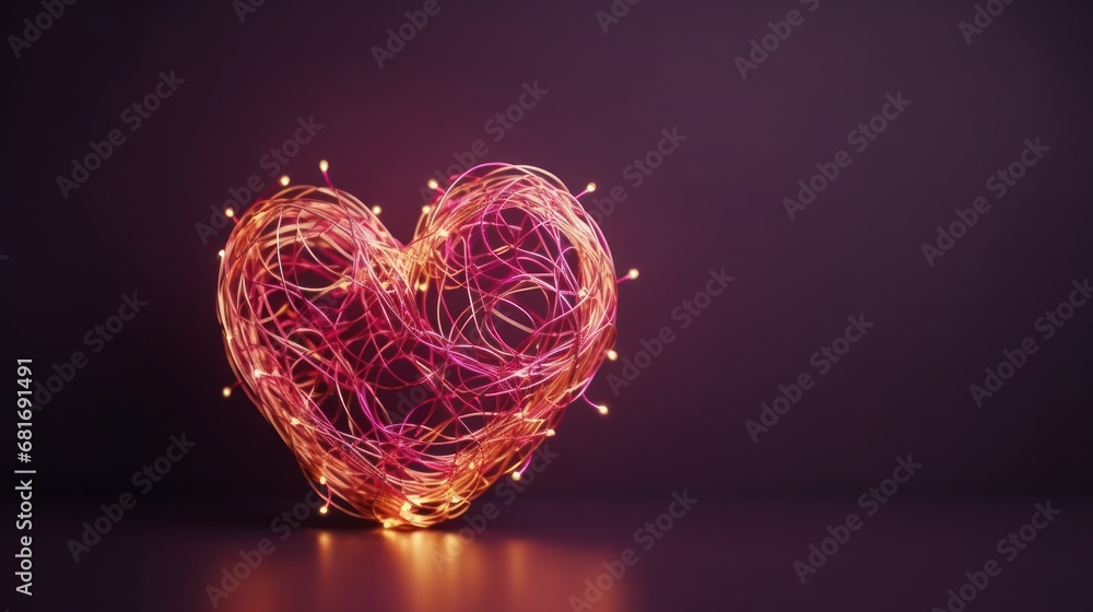 Poster  a heart made out of string lights on a dark background with a reflection of the lights in the shape of a heart.