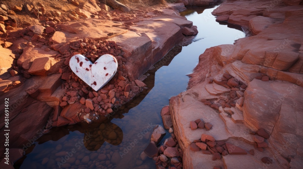 Poster a heart shaped object sitting on top of a rock next to a body of water with rocks surrounding it and