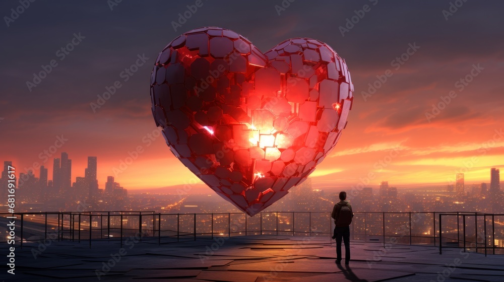Poster a person standing in front of a heart shaped object in a cityscape with a sunset in the background.
