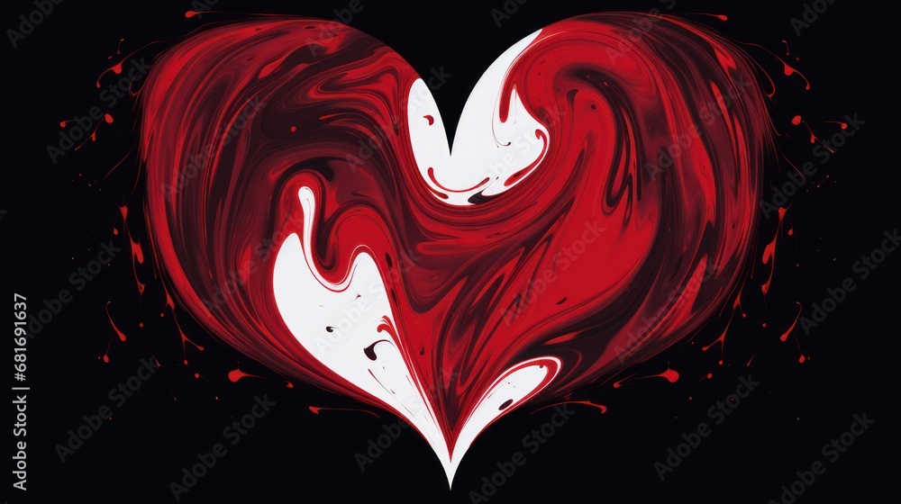 Aufkleber a red and white heart shaped object in the middle of a black background with red and white swirls in