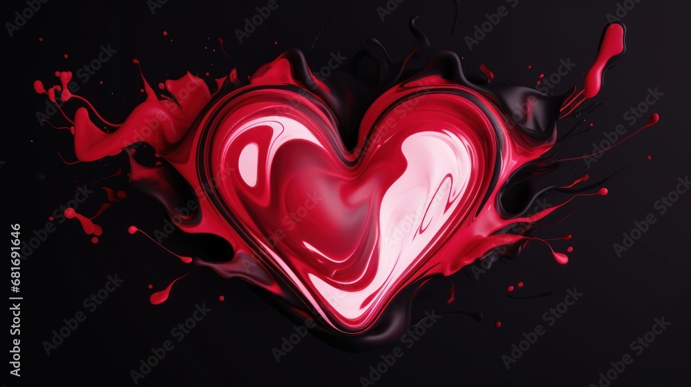 Poster a red and black heart shaped object on a black background with red and white paint splattered around